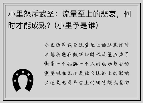 小里怒斥武圣：流量至上的悲哀，何时才能成熟？(小里予是谁)